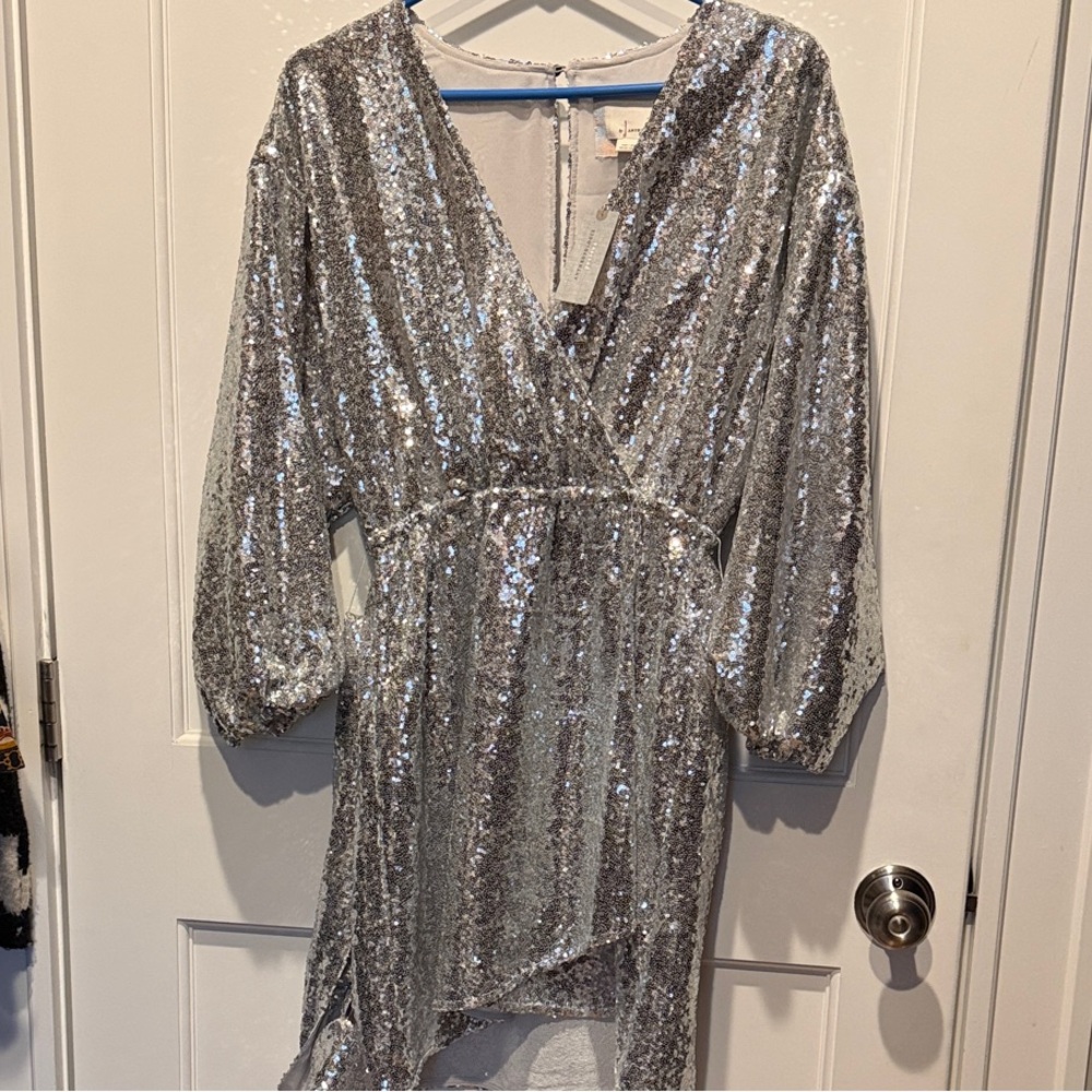 Anthropologie Shimmering Silver Sequin Wrap Lisabette Dress